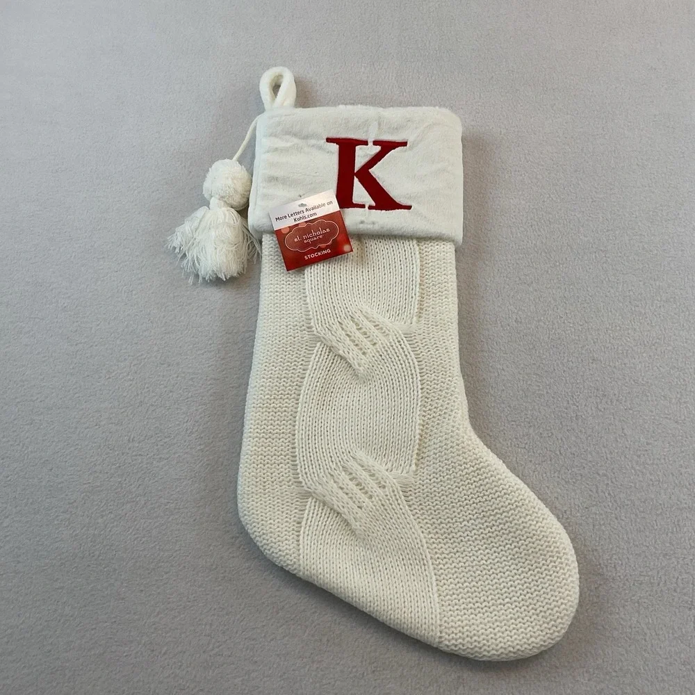 St Nicholas Square Christmas Stocking Cable Knit White K Initial Monogram Kohls